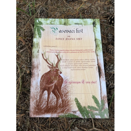 Pasovací list na lovce zvěře jelení, sika