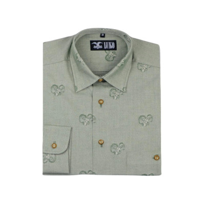 Pánská žakárově tkaná košile s dlouhým rukávem a vytkávaným motivem hlavy muflona.