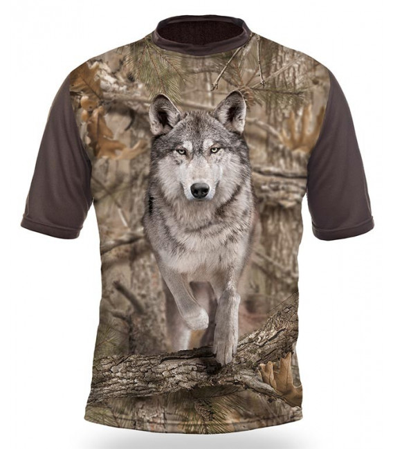 Poľovnícke tričko kr. rukáv Vlk 3D b. Kamufláž